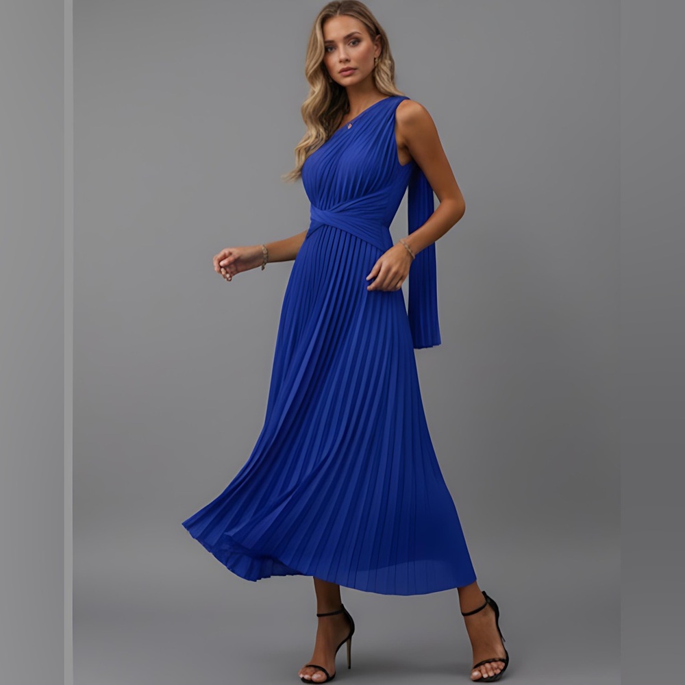 LAST ONE 🔥 Blue One Shoulder Twist Front Pleated Hem Dress